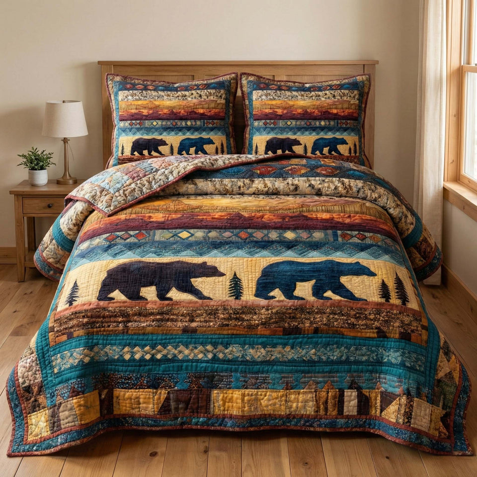 Sunset Bears quilted bedding set, quilt and two pillow shams on a made bed