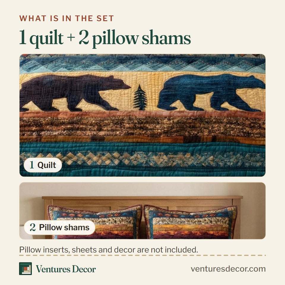 What is in the set: one quilt and two pillow shams, shown in the Sunset Bears design