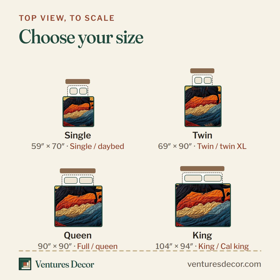 Size guide for the Sunset Cowboy Silhouette Ride quilt, top view to scale: Single 59 x 70 in, Twin 69 x 90 in, Queen 90 x 90 in, King 104 x 94 in