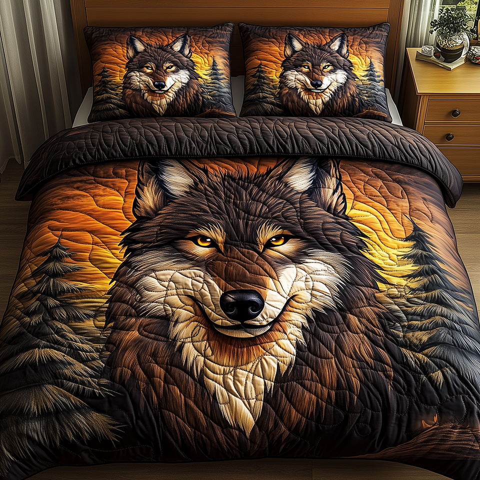 Sunset Gaze Wolf quilted bedding set, quilt and two pillow shams on a made bed