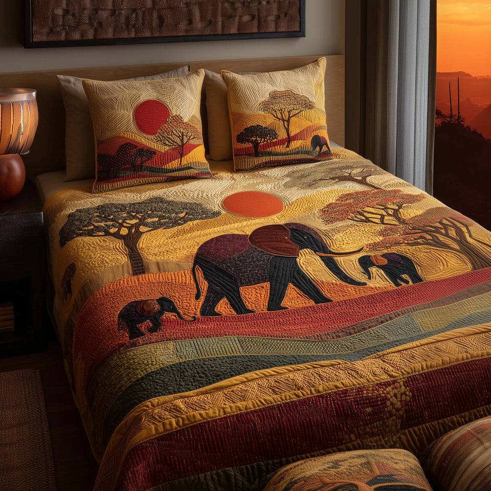 Sunset Herd quilted bedding set, quilt and two pillow shams on a made bed