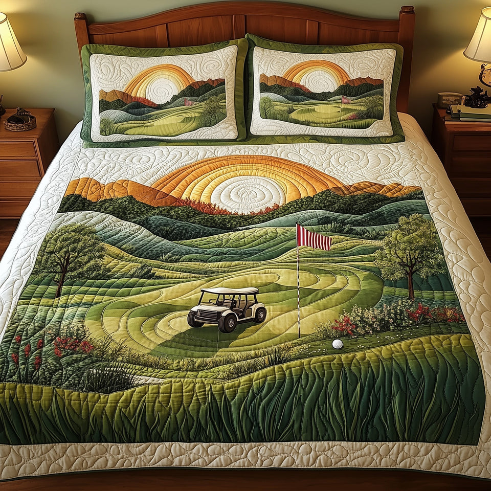Sunset Hole Golden Fairway quilted bedding set, quilt and two pillow shams on a made bed