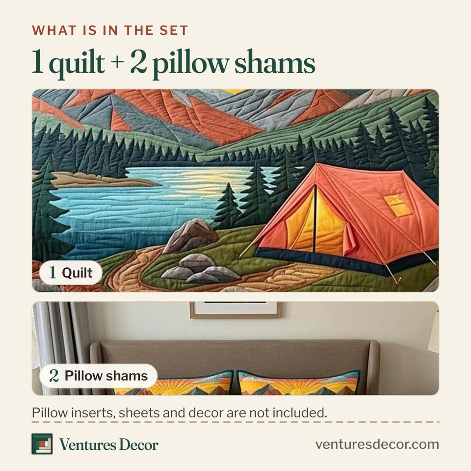 What is in the set: one quilt and two pillow shams, shown in the Sunset Mountain design