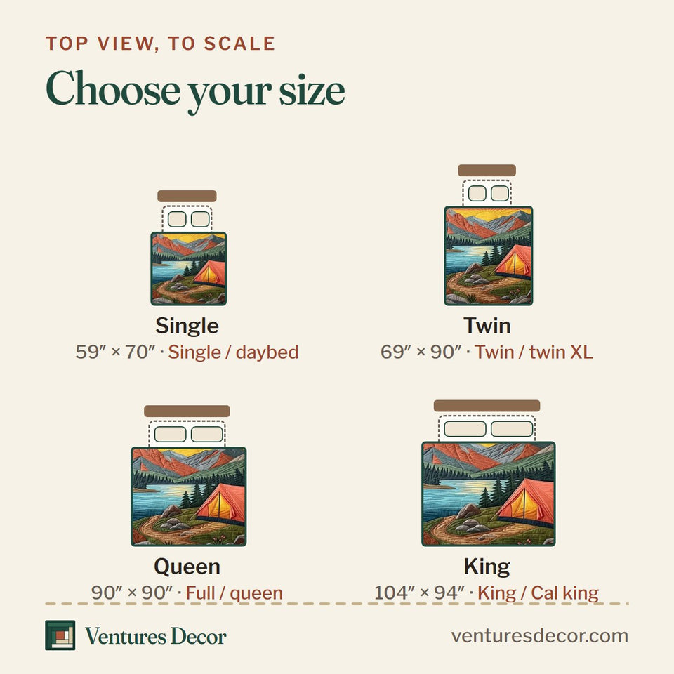Size guide for the Sunset Mountain quilt, top view to scale: Single 59 x 70 in, Twin 69 x 90 in, Queen 90 x 90 in, King 104 x 94 in