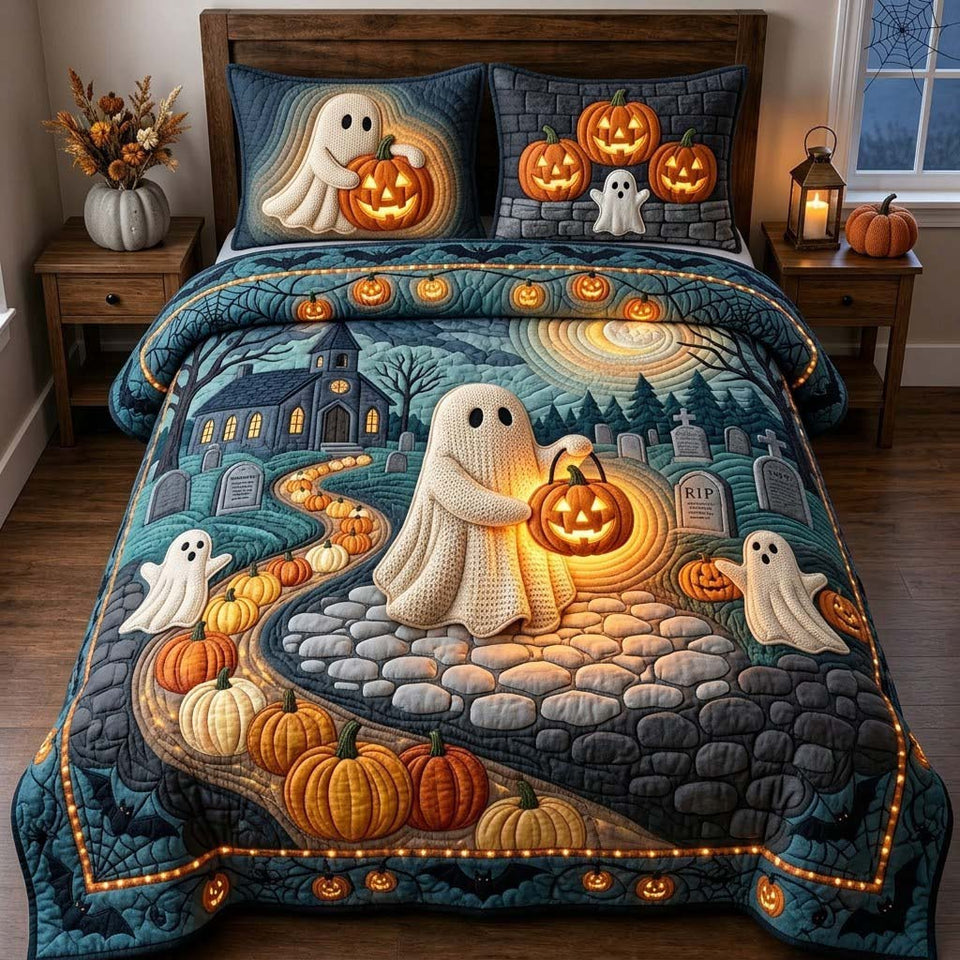 Sunset Pumpkin Lane Ghost quilted bedding set, quilt and two pillow shams on a made bed