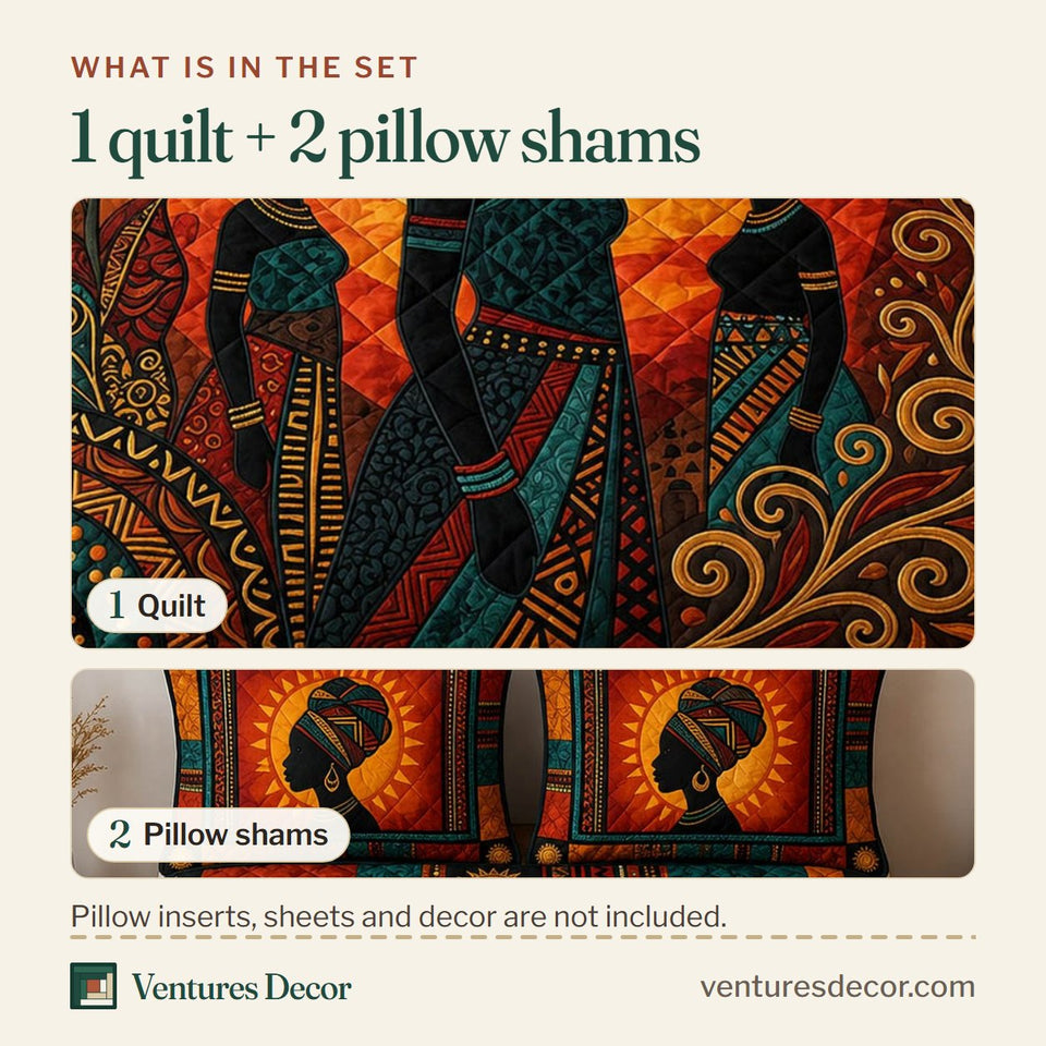 What is in the set: one quilt and two pillow shams, shown in the Sunset Silhouette Family design