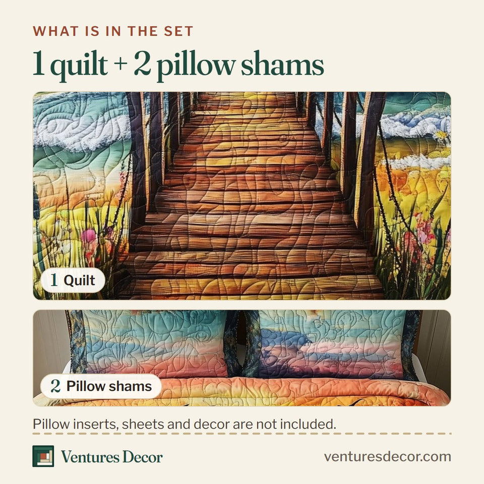 What is in the set: one quilt and two pillow shams, shown in the Sunset Wooden Dock Pier Into the Golden Sea design