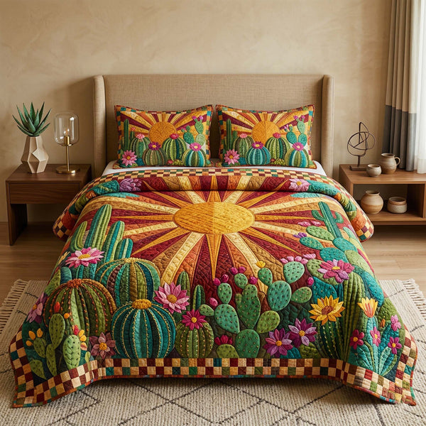 Sunshine Cactus quilted bedding set, quilt and two pillow shams on a made bed