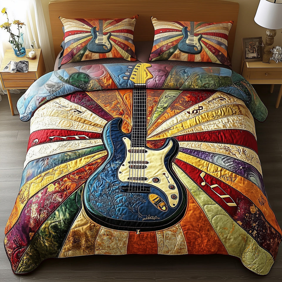 Sunshine Guitar Blue Body Cream Rays quilted bedding set, quilt and two pillow shams on a made bed