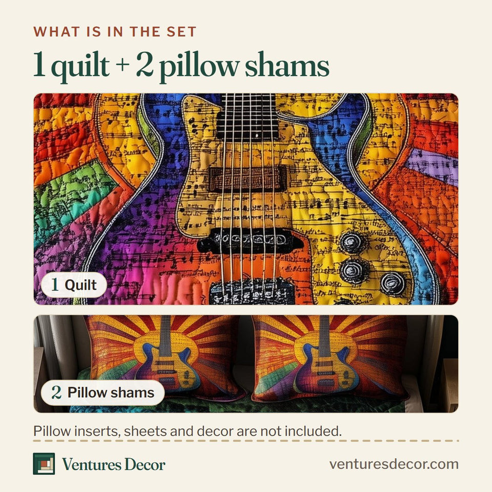 What is in the set: one quilt and two pillow shams, shown in the Sunshine Guitar Radiant Rays design