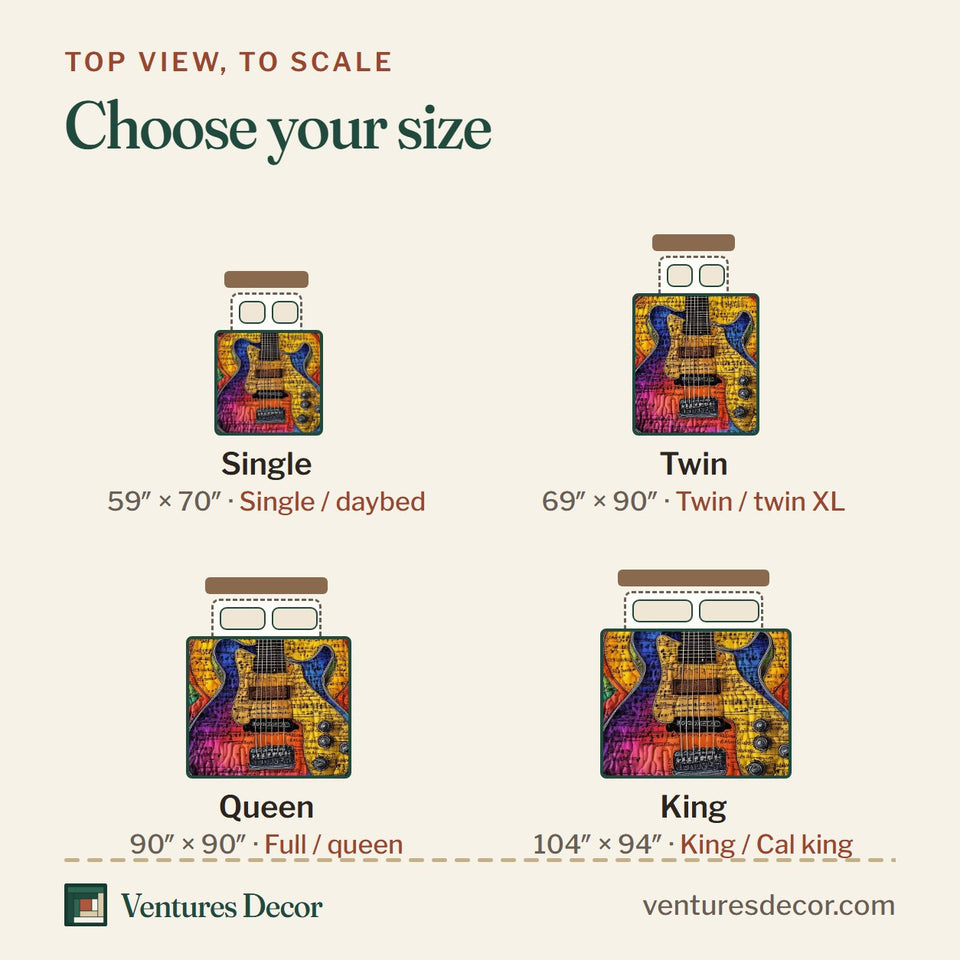Size guide for the Sunshine Guitar Radiant Rays quilt, top view to scale: Single 59 x 70 in, Twin 69 x 90 in, Queen 90 x 90 in, King 104 x 94 in