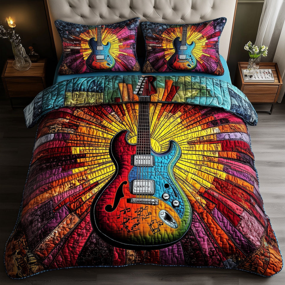 Sunshine Guitar Scarlet Body Golden Beams quilted bedding set, quilt and two pillow shams on a made bed