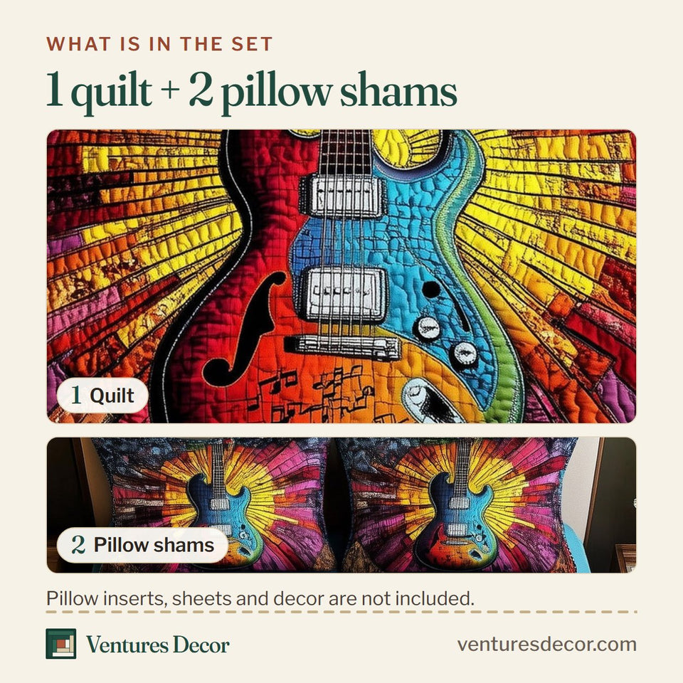 What is in the set: one quilt and two pillow shams, shown in the Sunshine Guitar Scarlet Body Golden Beams design