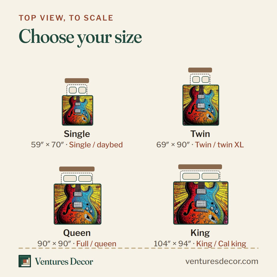 Size guide for the Sunshine Guitar Scarlet Body Golden Beams quilt, top view to scale: Single 59 x 70 in, Twin 69 x 90 in, Queen 90 x 90 in, King 104 x 94 in