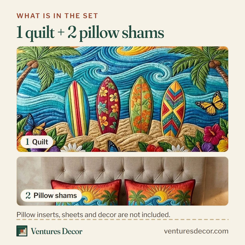 What is in the set: one quilt and two pillow shams, shown in the Surfboard Sunset Waves design
