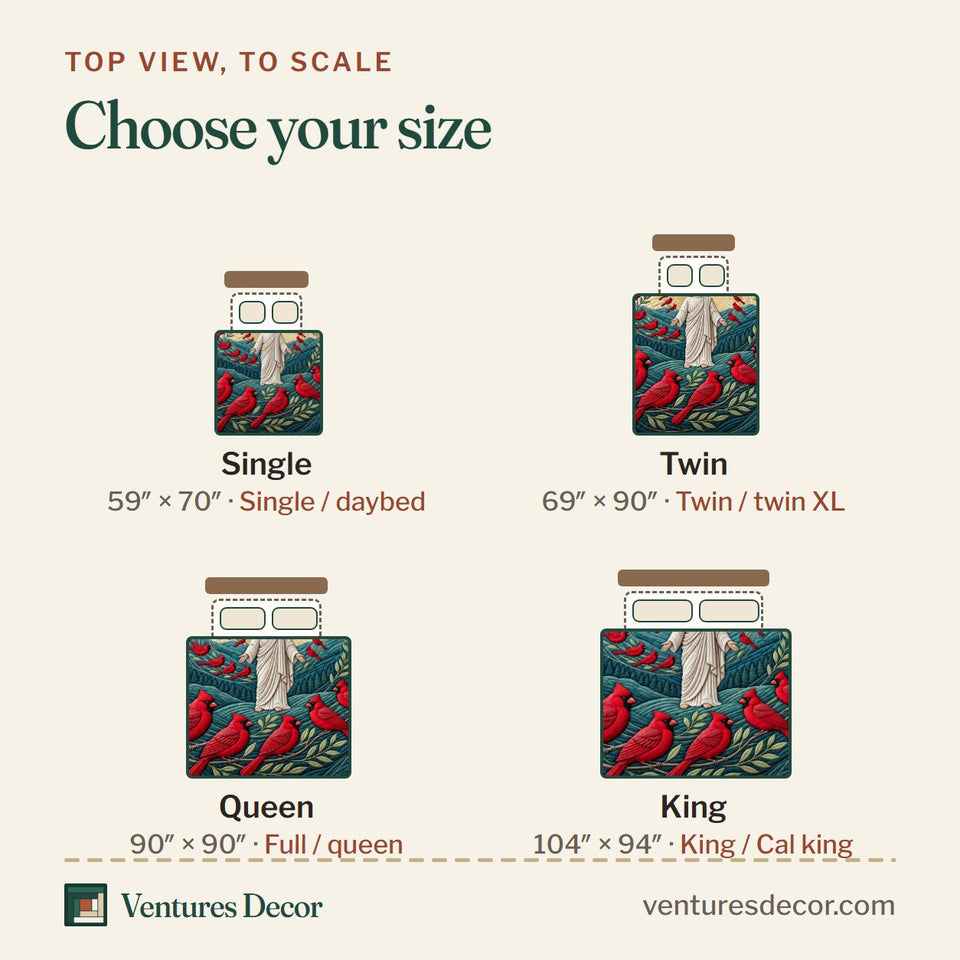 Size guide for the Surrounded By His Grace Bible Quote quilt, top view to scale: Single 59 x 70 in, Twin 69 x 90 in, Queen 90 x 90 in, King 104 x 94 in