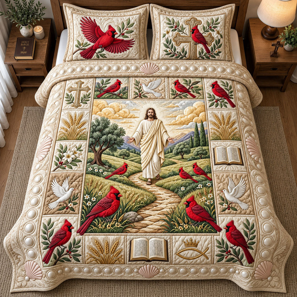 Surrounded By His Grace Cardinals Of Hope quilted bedding set, quilt and two pillow shams on a made bed