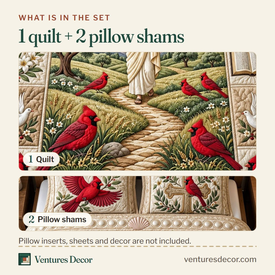 What is in the set: one quilt and two pillow shams, shown in the Surrounded By His Grace Cardinals Of Hope design