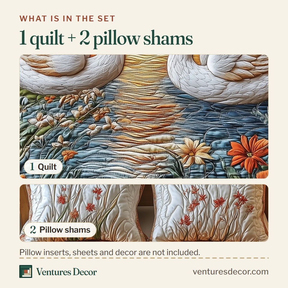 What is in the set: one quilt and two pillow shams, shown in the Swan Embrace design