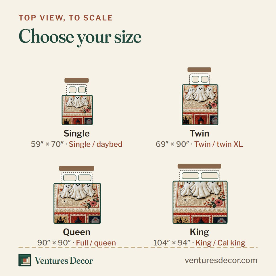 Size guide for the Sweet Ghost Night quilt, top view to scale: Single 59 x 70 in, Twin 69 x 90 in, Queen 90 x 90 in, King 104 x 94 in