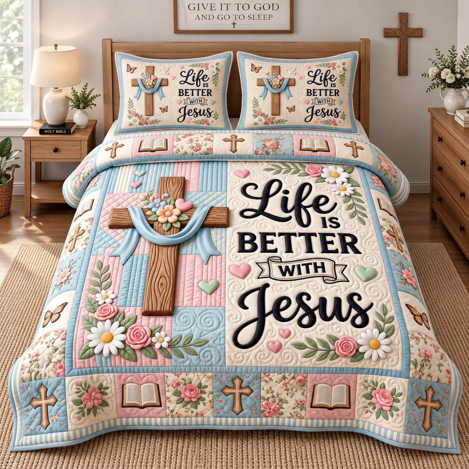 Sweet Jesus Blessings quilted bedding set, quilt and two pillow shams on a made bed