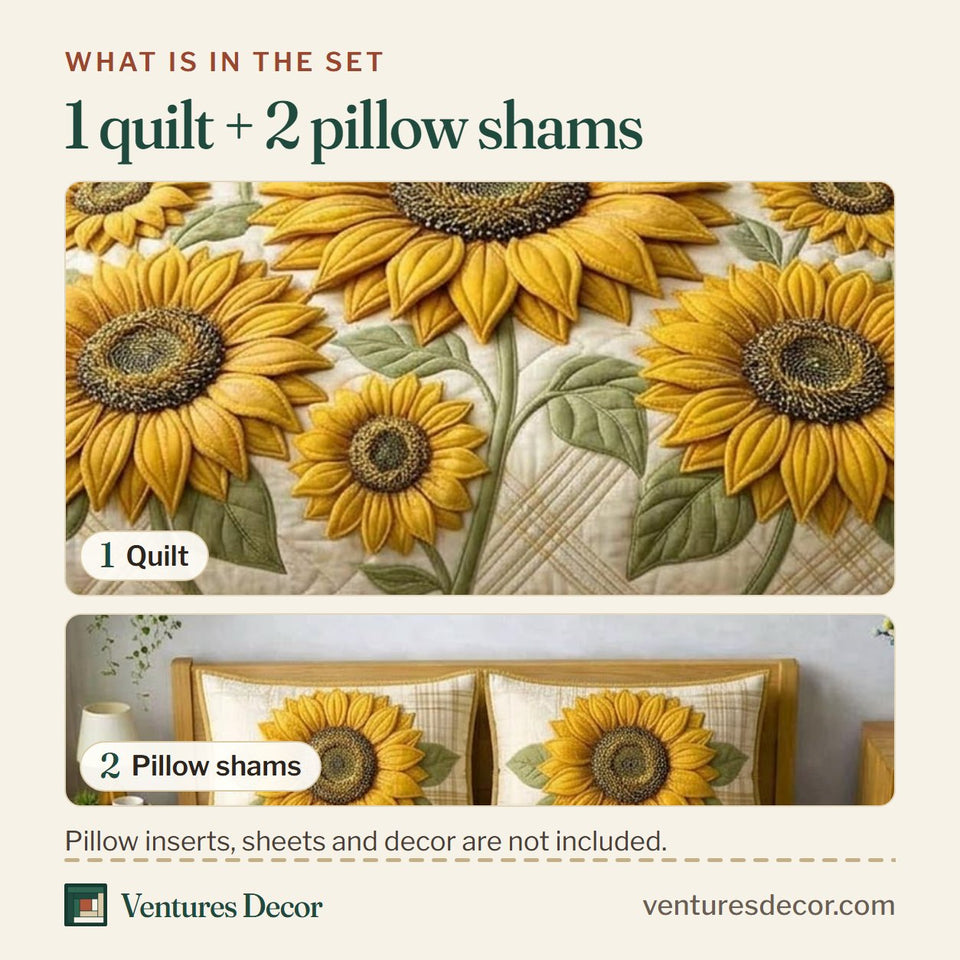 What is in the set: one quilt and two pillow shams, shown in the Sweet Sunflower design