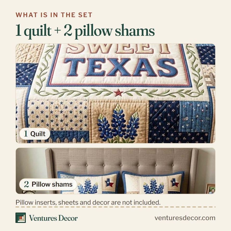 What is in the set: one quilt and two pillow shams, shown in the Sweet Texas design