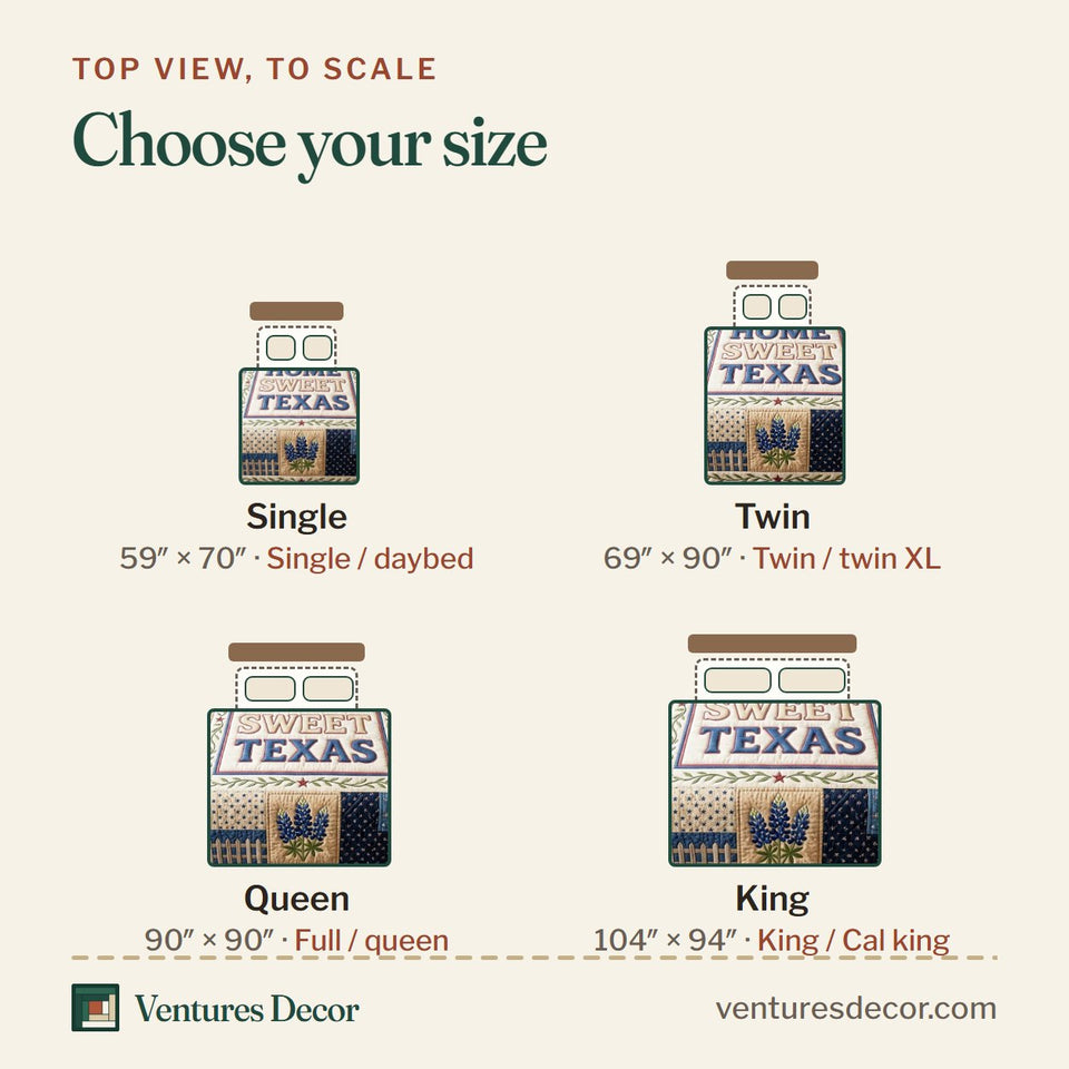 Size guide for the Sweet Texas quilt, top view to scale: Single 59 x 70 in, Twin 69 x 90 in, Queen 90 x 90 in, King 104 x 94 in