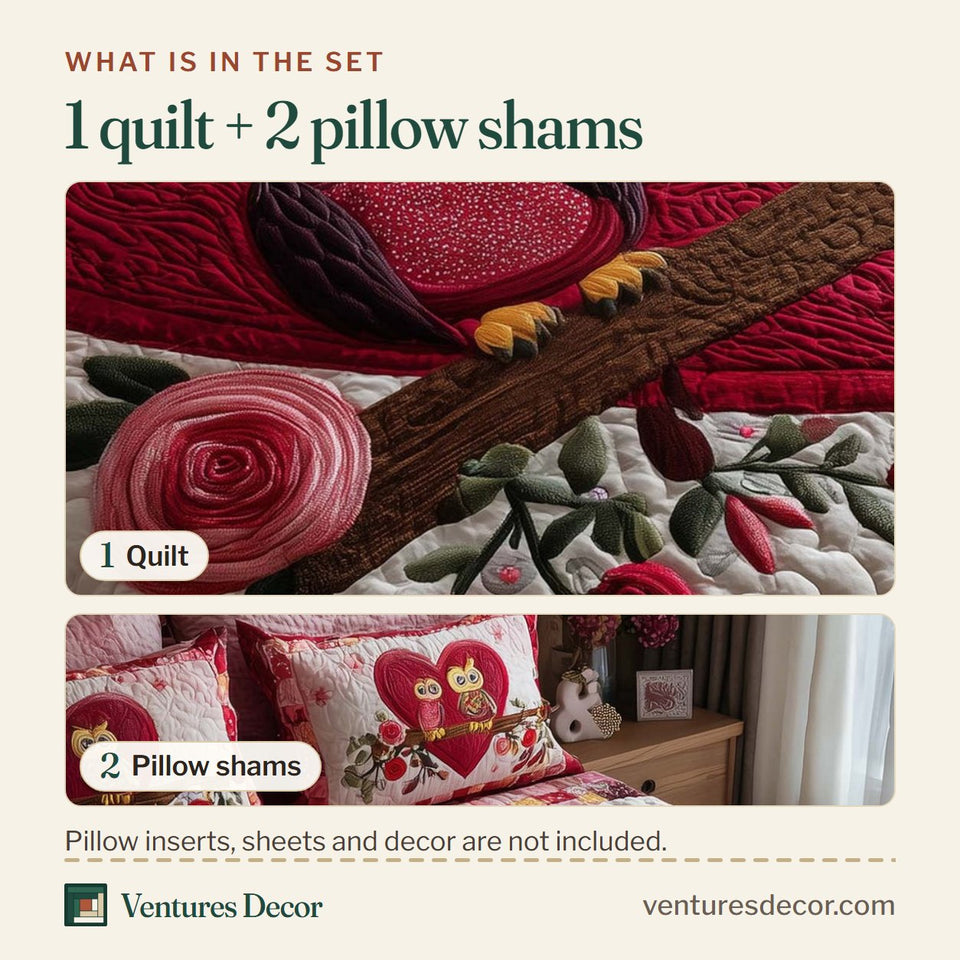 What is in the set: one quilt and two pillow shams, shown in the Sweet Union Two Owls on a Branch design