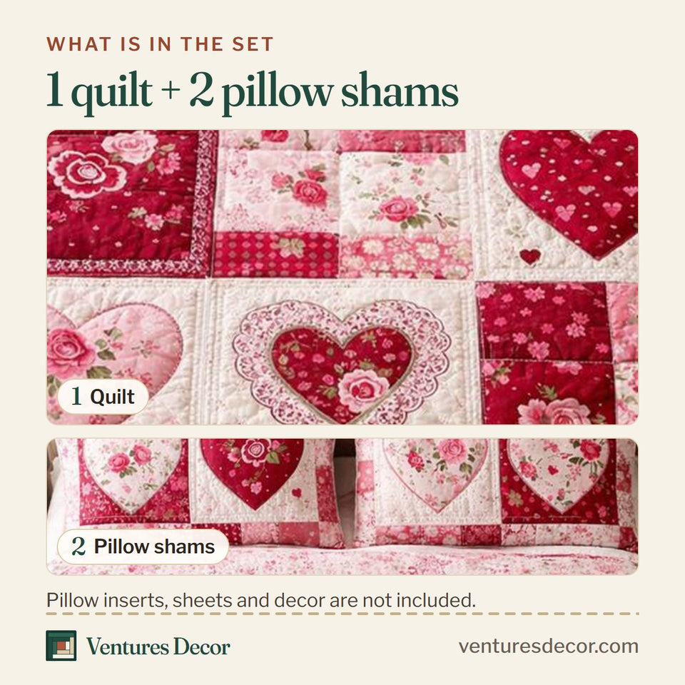 What is in the set: one quilt and two pillow shams, shown in the Sweetheart Rose Squares design