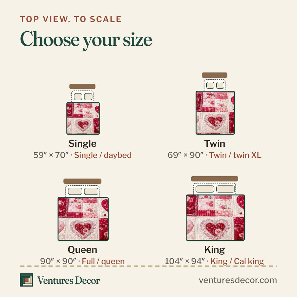 Size guide for the Sweetheart Rose Squares quilt, top view to scale: Single 59 x 70 in, Twin 69 x 90 in, Queen 90 x 90 in, King 104 x 94 in