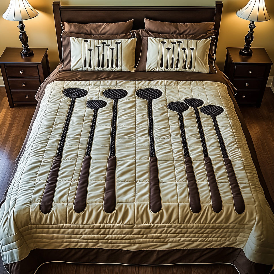 Swing Soulmates Club Heads on Gold Bands quilted bedding set, quilt and two pillow shams on a made bed