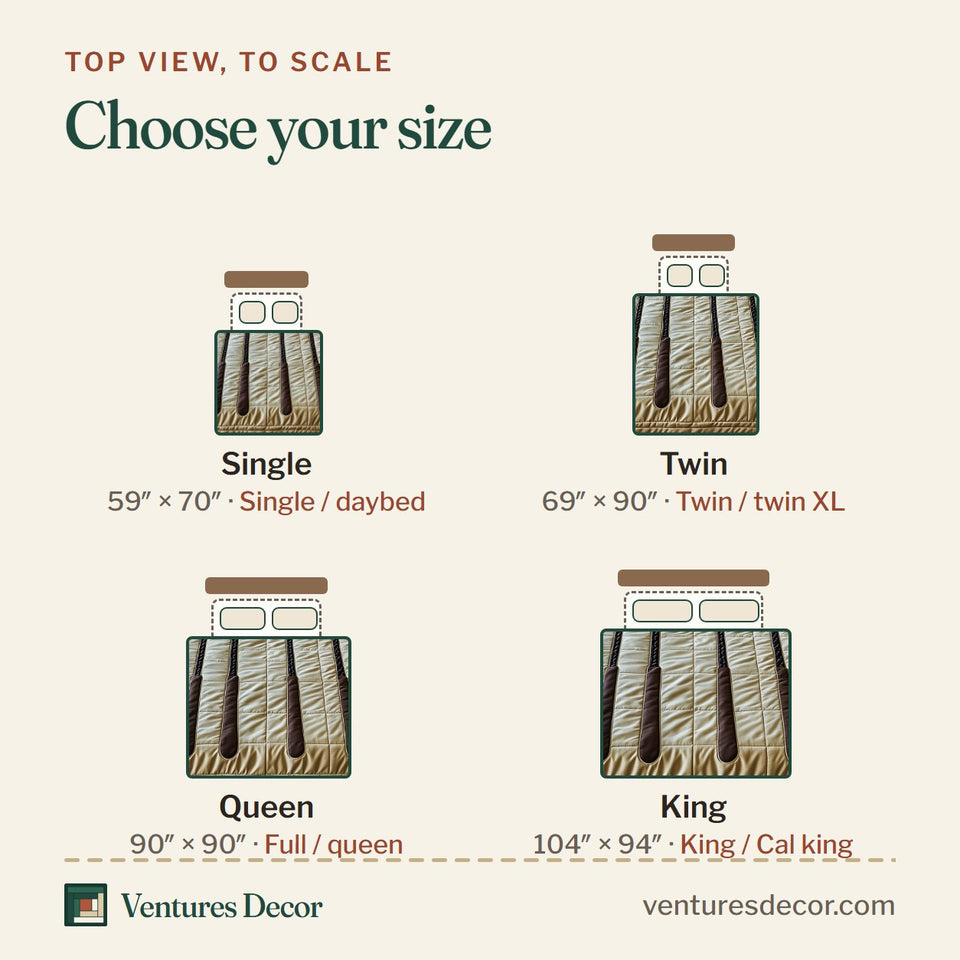 Size guide for the Swing Soulmates Club Heads on Gold Bands quilt, top view to scale: Single 59 x 70 in, Twin 69 x 90 in, Queen 90 x 90 in, King 104 x 94 in