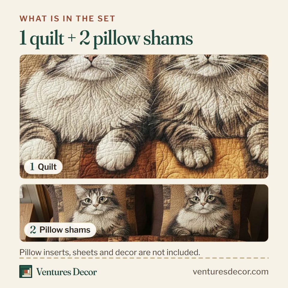 What is in the set: one quilt and two pillow shams, shown in the Tabby Cats Peekover design