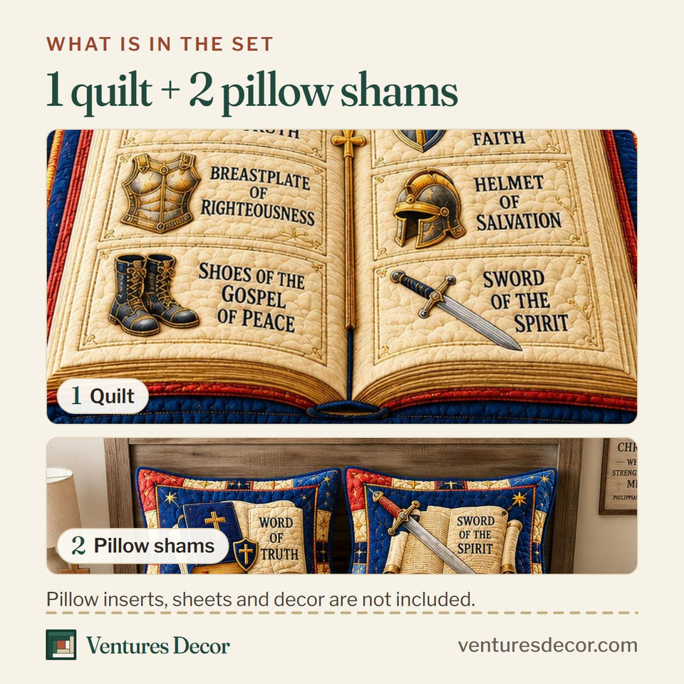 What is in the set: one quilt and two pillow shams, shown in the Take Up The Armor design