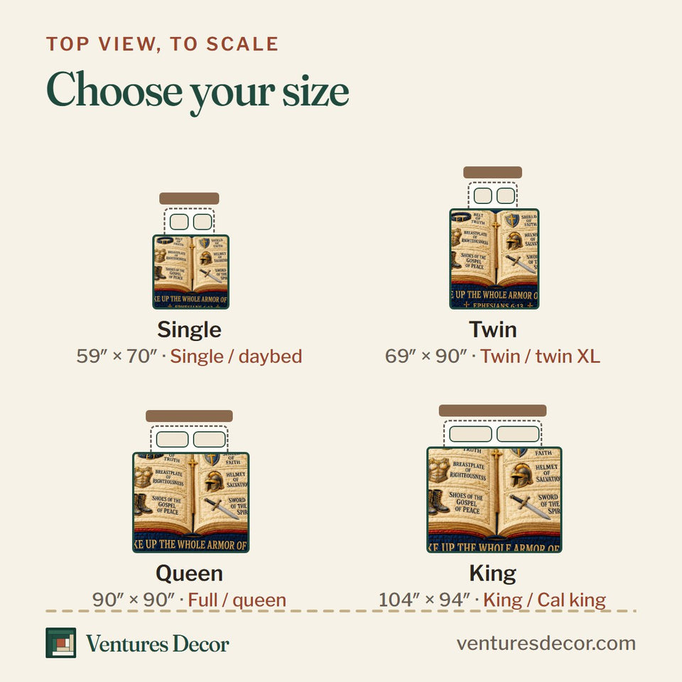 Size guide for the Take Up The Armor quilt, top view to scale: Single 59 x 70 in, Twin 69 x 90 in, Queen 90 x 90 in, King 104 x 94 in