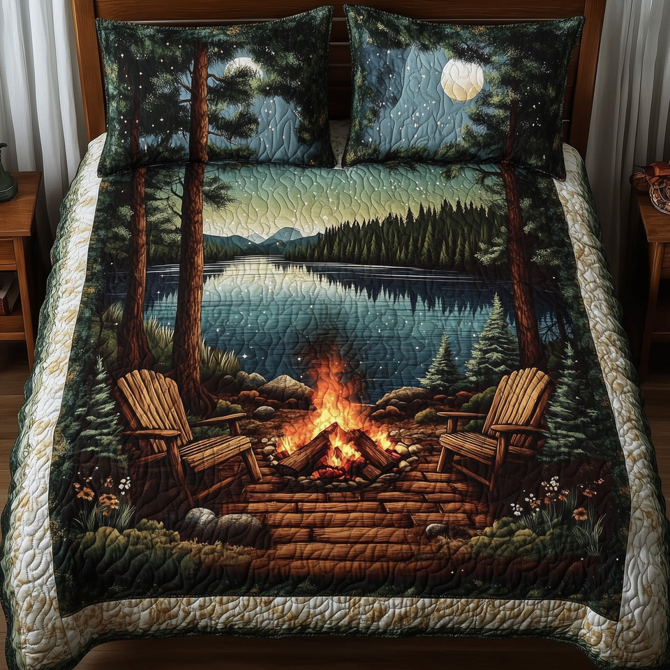Tall Pines Firelight quilted bedding set, quilt and two pillow shams on a made bed