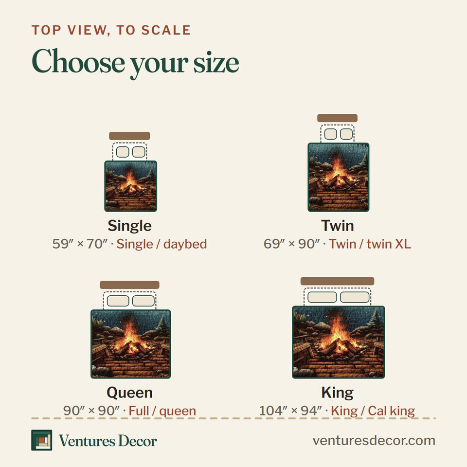 Size guide for the Tall Pines Firelight quilt, top view to scale: Single 59 x 70 in, Twin 69 x 90 in, Queen 90 x 90 in, King 104 x 94 in