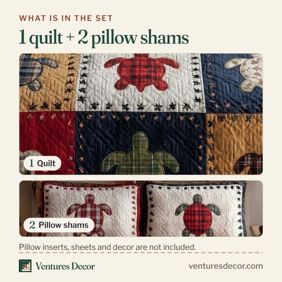 What is in the set: one quilt and two pillow shams, shown in the Tartan Turtle Tiles design