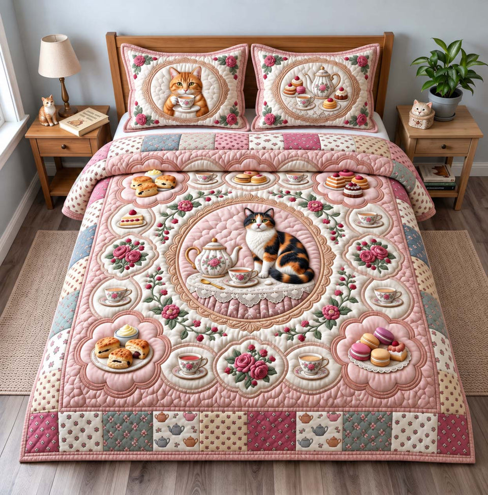 Tea Time quilted bedding set, quilt and two pillow shams on a made bed