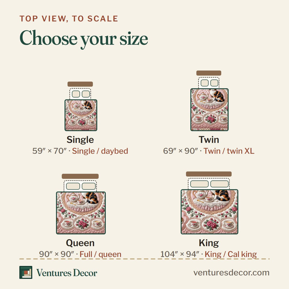 Size guide for the Tea Time quilt, top view to scale: Single 59 x 70 in, Twin 69 x 90 in, Queen 90 x 90 in, King 104 x 94 in