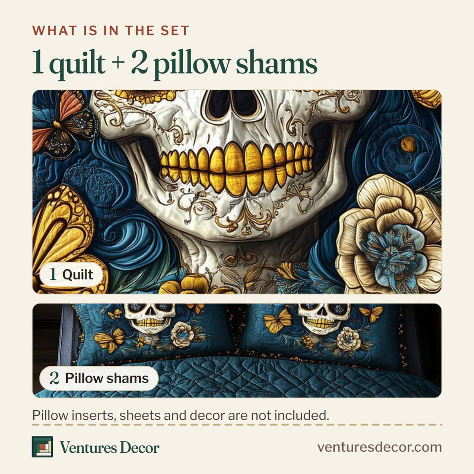 What is in the set: one quilt and two pillow shams, shown in the Teal Butterfly Calavera design