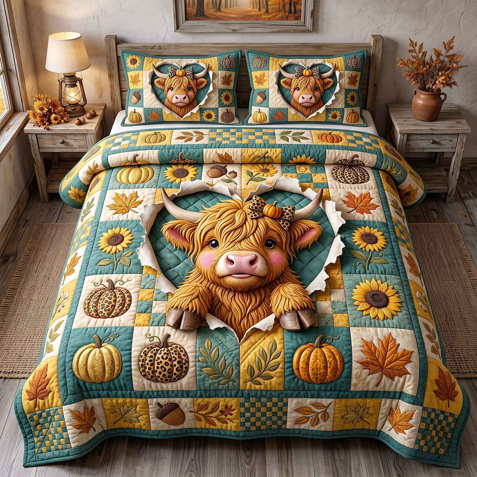 Teal Frame Harvest Highland quilted bedding set, quilt and two pillow shams on a made bed