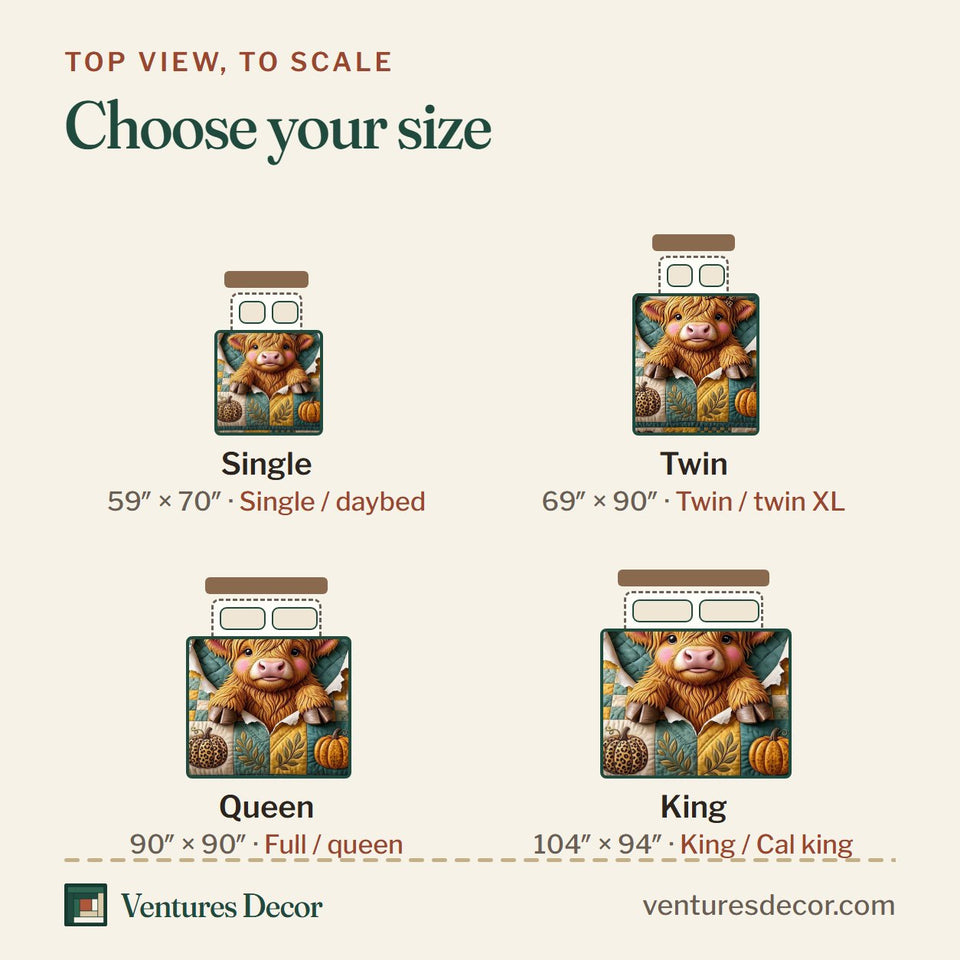 Size guide for the Teal Frame Harvest Highland quilt, top view to scale: Single 59 x 70 in, Twin 69 x 90 in, Queen 90 x 90 in, King 104 x 94 in