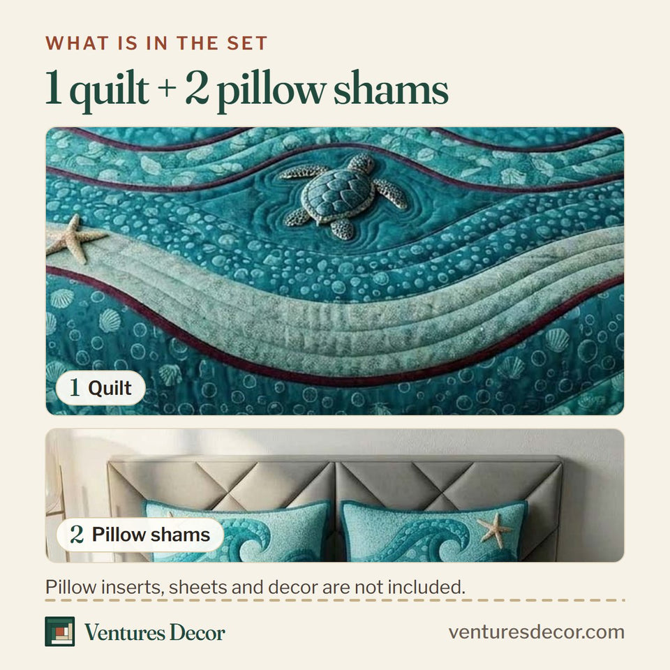 What is in the set: one quilt and two pillow shams, shown in the Teal Turtle design