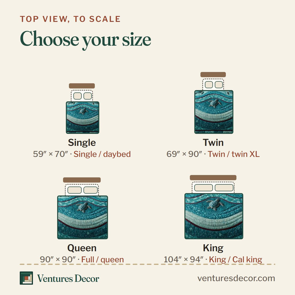 Size guide for the Teal Turtle quilt, top view to scale: Single 59 x 70 in, Twin 69 x 90 in, Queen 90 x 90 in, King 104 x 94 in