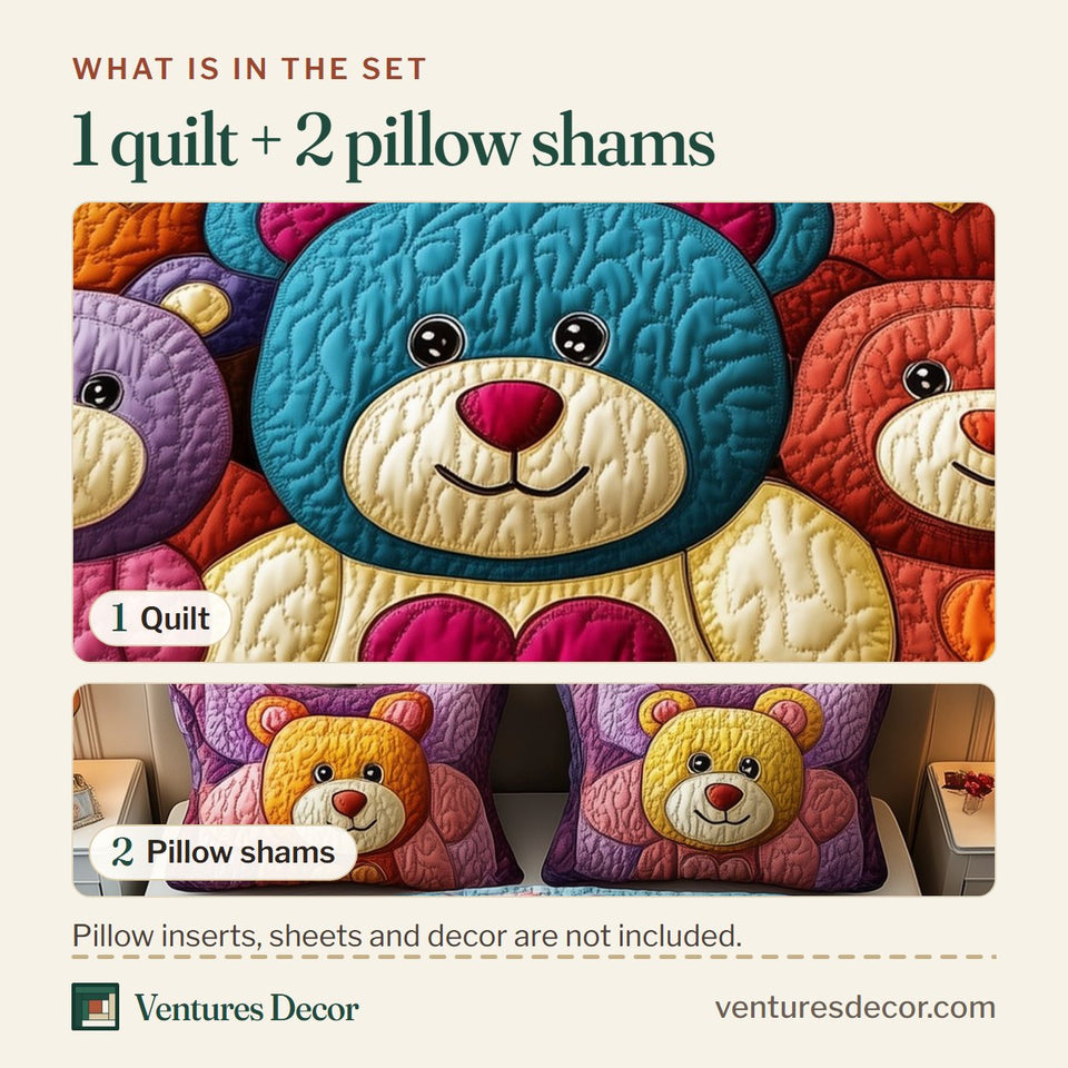 What is in the set: one quilt and two pillow shams, shown in the Teddy Heart Huddle design