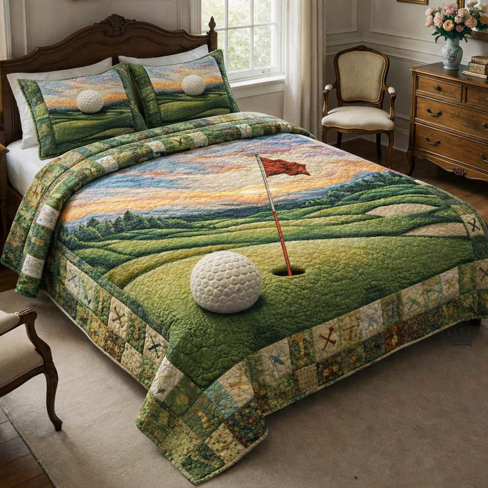 Tee Time quilted bedding set, quilt and two pillow shams on a made bed