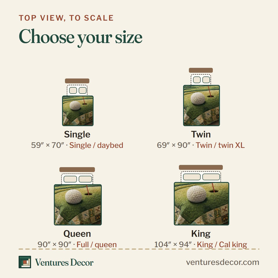 Size guide for the Tee Time quilt, top view to scale: Single 59 x 70 in, Twin 69 x 90 in, Queen 90 x 90 in, King 104 x 94 in