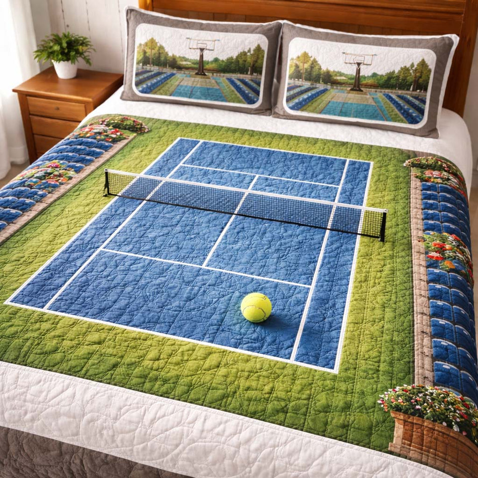 Tennis Court quilted bedding set, quilt and two pillow shams on a made bed